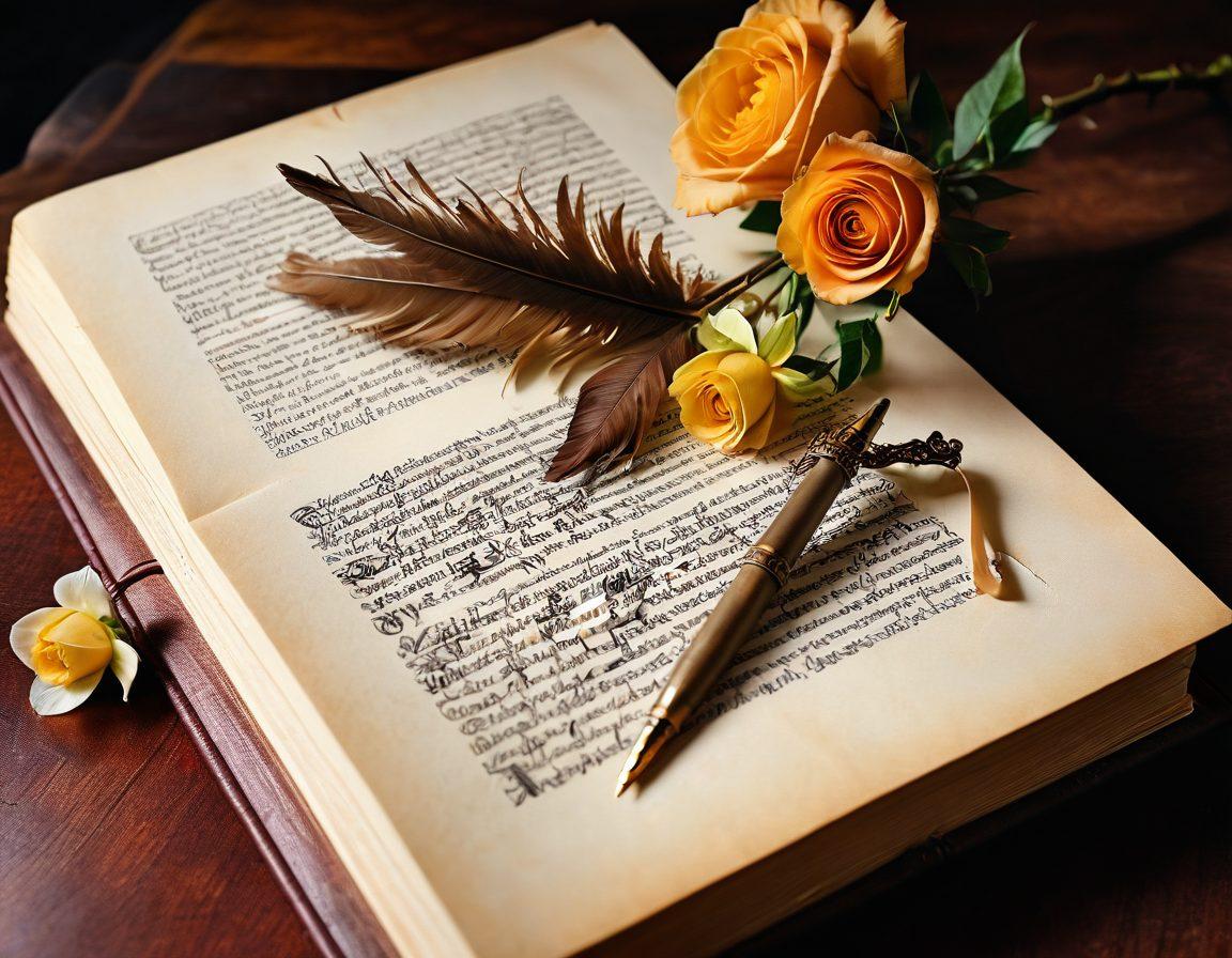 A close-up view of a delicate quill pen gracefully poised above an open, antique book filled with elegant calligraphy, surrounded by vibrant flowers symbolizing various emotions of communication. Soft, warm lighting enhances the sophisticated atmosphere, with subtle hints of English landmarks in the background. The scene reflects the beauty and art of language through texture and detail. super-realistic. vibrant colors. soft lighting.