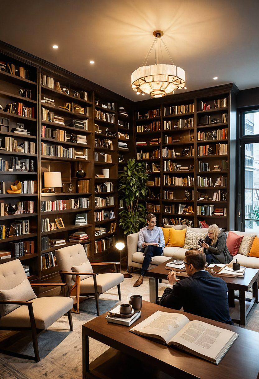 A sophisticated and elegant language skill workshop setting, featuring a diverse group of individuals engaged in lively discussions, surrounded by books and stylish decor. Include elements that symbolize grammar, such as punctuation marks and typography on stylish notepaper. The ambiance should exude a sense of grace and refinement, with warm lighting and a touch of modernity. super-realistic. vibrant colors. soft focus.