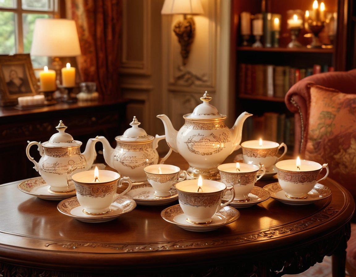A sophisticated tea setting with elegant teacups and a softly glowing candle on an ornate table, surrounded by floating speech bubbles with quotes about conversation and expression. The background features a cozy library filled with books, softly lit by warm light, creating an inviting atmosphere. The focus is on the interaction between the decorative elements and the beauty of conversation. super-realistic. warm colors. cozy ambiance.